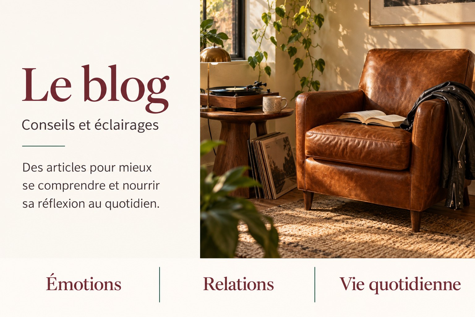 Le blog, conseils et éclairages : coin lecture avec fauteuil en cuir, livre ouvert, platine vinyle et tasse de café