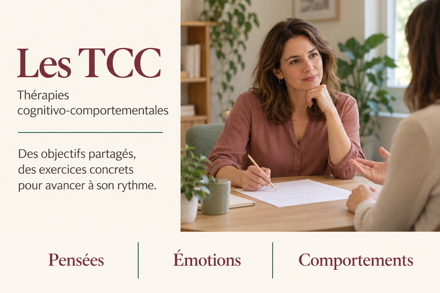 Thérapie cognitivo-comportementale : une thérapeute prend des notes en écoutant sa patiente autour d’une table